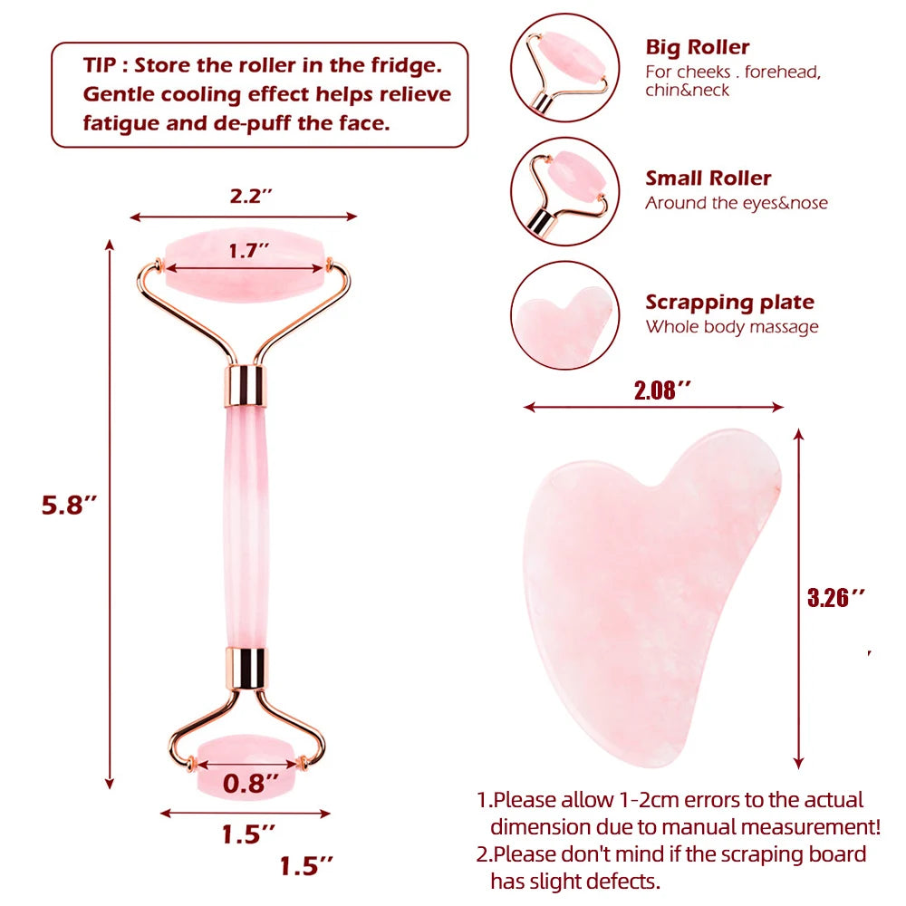 Pink facial roller and gua sha tool with measurements and usage instructions on a white background